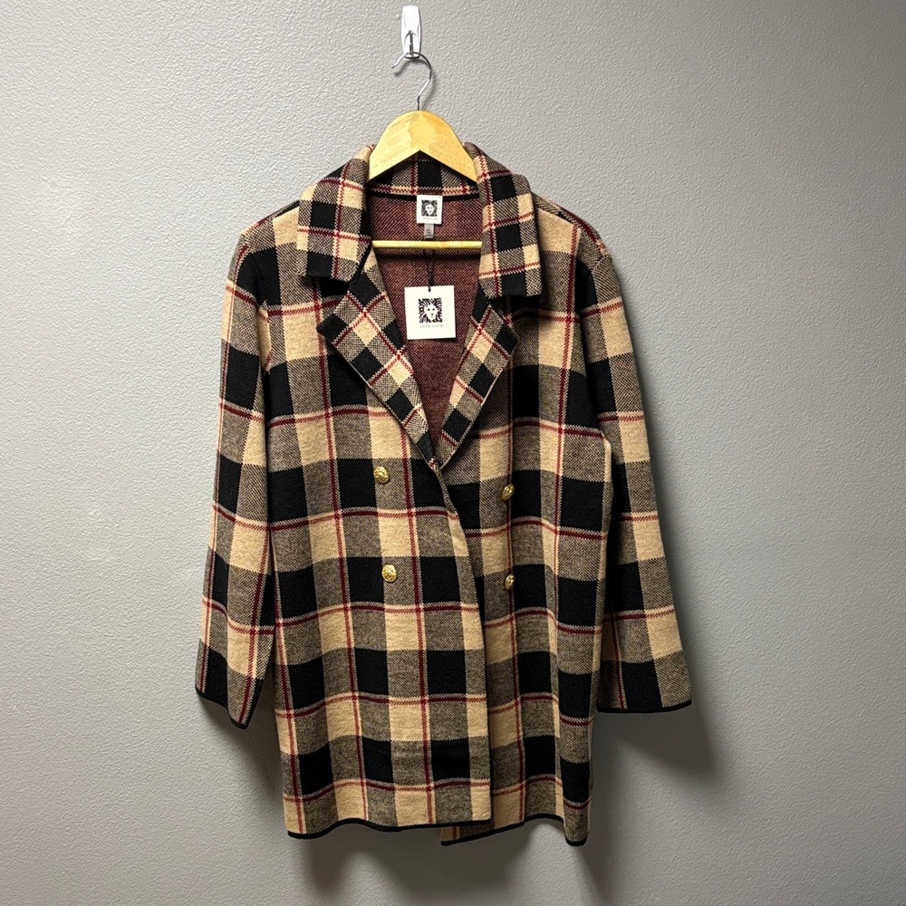 Anne Klein Black and Tan Plaid Coat